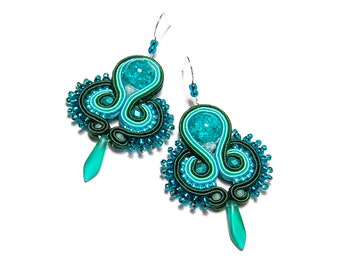 Beautiful teal turquoise blue marine green soutache earrings handmade boho style jewelry gift for her