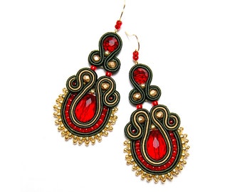 Beautiful red olive green soutache earrings handmade boho style jewelry gift for her woman