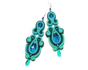 Beautiful teal turquoise blue marine green soutache earrings handmade boho style jewelry gift for her