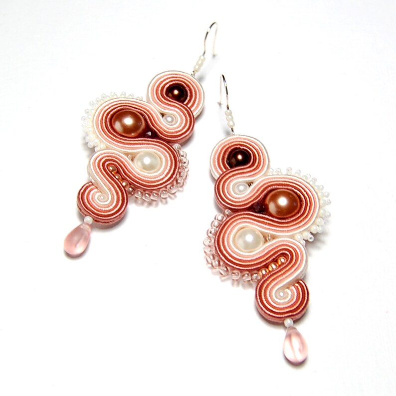 Soutache earrings dirty pink salmon beige ecru handmade jewelry sutasz orecchini pendientes boucles d/'oreilles oorbellen Ohrringe