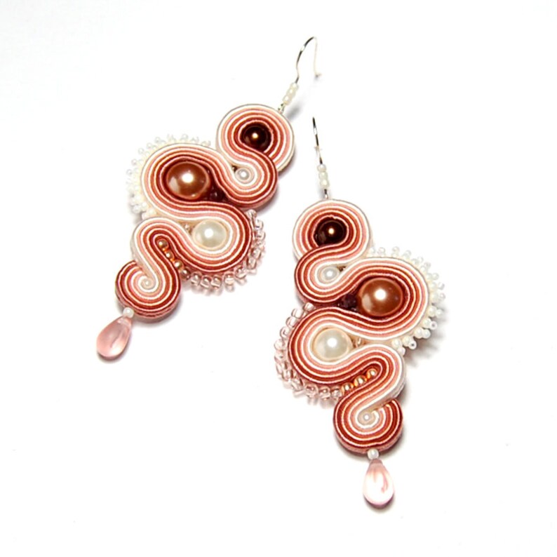 Soutache earrings dirty pink salmon beige ecru handmade jewelry sutasz orecchini pendientes boucles d/'oreilles oorbellen Ohrringe