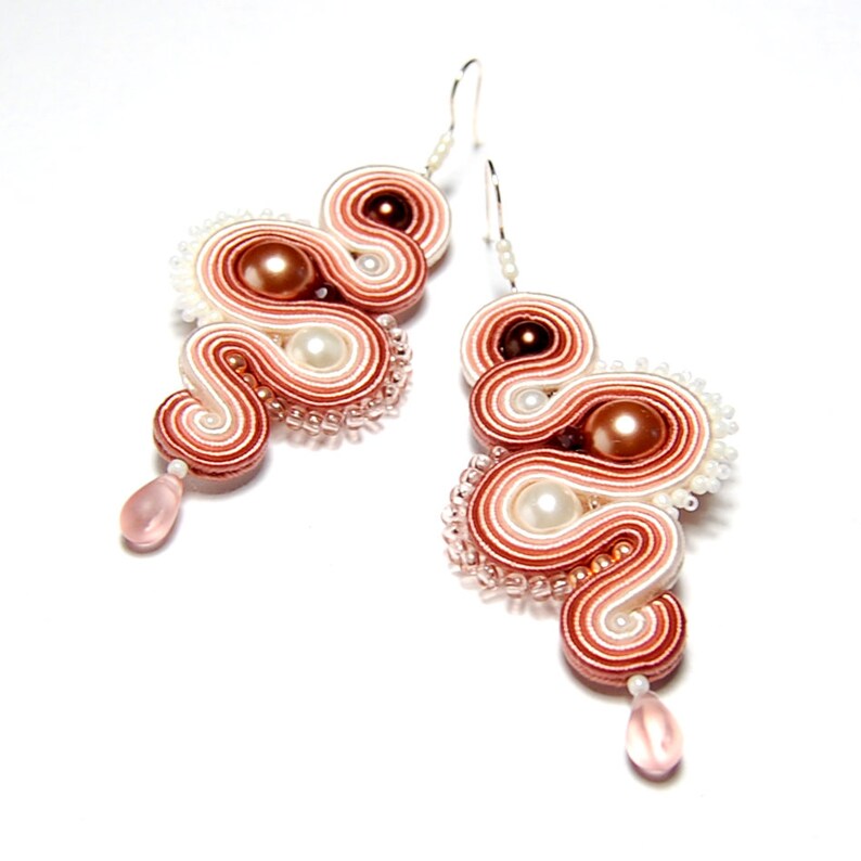 Soutache earrings dirty pink salmon beige ecru handmade jewelry sutasz orecchini pendientes boucles d/'oreilles oorbellen Ohrringe