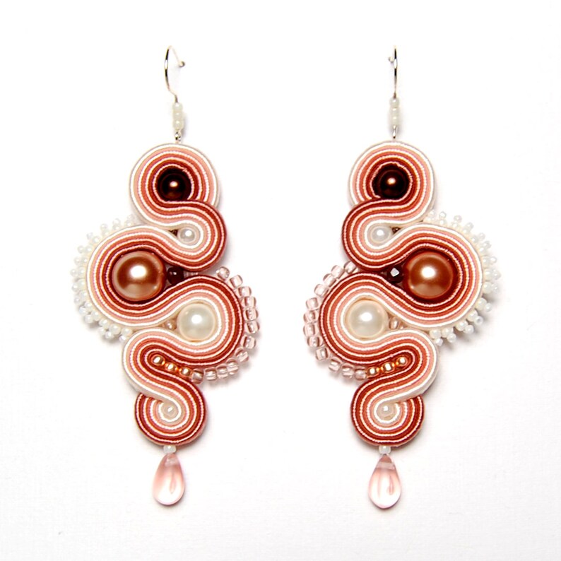 Soutache earrings dirty pink salmon beige ecru handmade jewelry sutasz orecchini pendientes boucles d/'oreilles oorbellen Ohrringe
