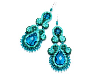 Teal turquoise blue marine green soutache earrings handmade boho style jewelry gift for her