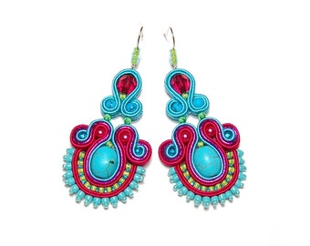 Turquoise blue pink fuchsia soutache earrings handmade boho style jewelry gift for her woman