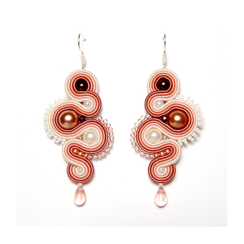 Soutache earrings dirty pink salmon beige ecru handmade jewelry sutasz orecchini pendientes boucles d/'oreilles oorbellen Ohrringe