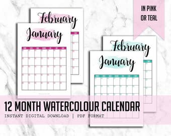 12 Month Watercolour Calendar | Instant Digital Download