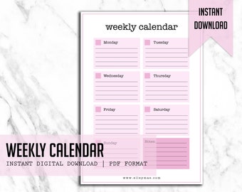 Weekly Calendar | Instant Digital Download - Printable A4 Template