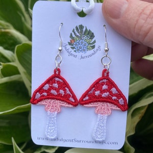 Embroidered Mushroom Earrings: Whimsical Fungi, Cottagecore Jewelry