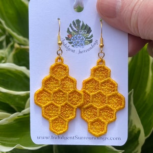 Embroidered Honeycomb  Earrings, Bee Earrings, Pollinator,  Plant Jewelry, Gift, Boho, Custom, Dangling Earrings, Witch, Pagan, Beekeeper