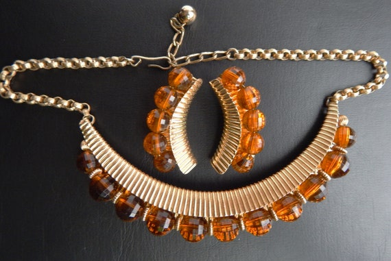 NAPIER Honey Brown Bead Necklace Earrings Demi - … - image 3