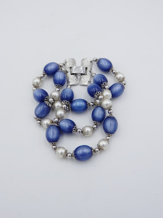 NAPIER Blue Moonglow & Faux Pearl Triple Strand Br