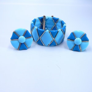 WESTERN GERMANY Blue Glass Memory Coil Cuff & Earrings - Mid Century Beauty