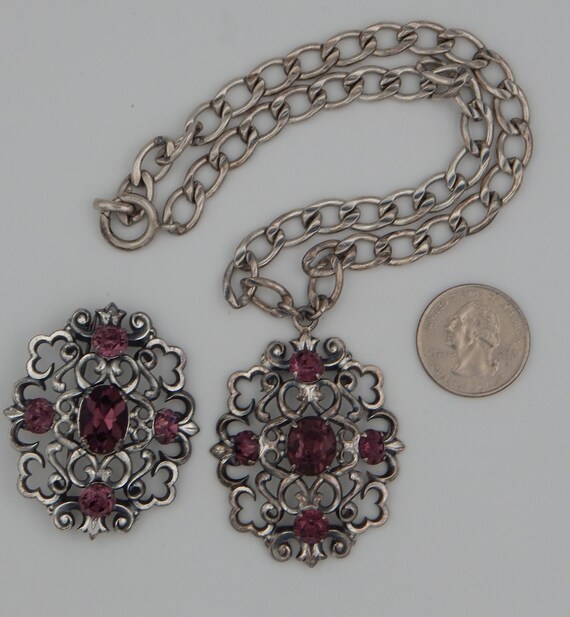 NAPIER Purple Silver Filigree Pendant Necklace & … - image 3