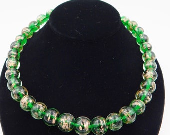 MURANO Green Glass Gold Foil Beaded Necklace - Sterling Clasp