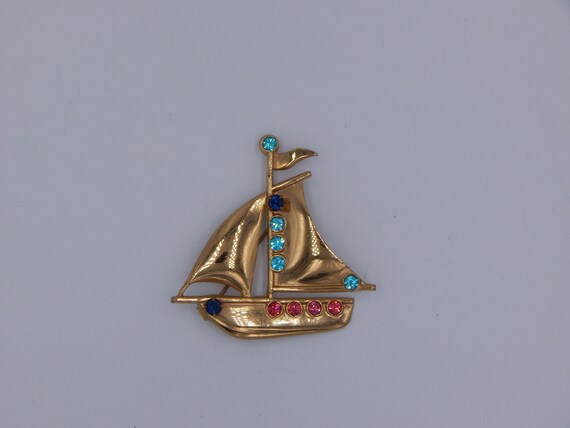 CORO Sailboat Boat 1940s - Blue Pink Rhinestones - image 3