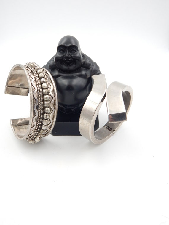 UNSIGNED Silver Plate Cuff Bracelets - Ethic & Mi… - image 1