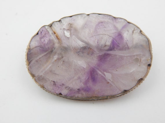 CARVED Amethyst Art Deco Sterling Pin Brooch - image 1