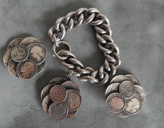 Amazing NAPIER Foreign Coin Charm Bracelet and Matching Earrings Unusual Piece