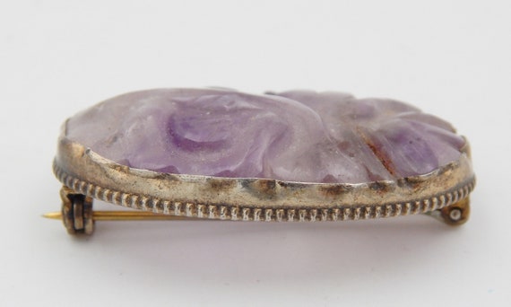 CARVED Amethyst Art Deco Sterling Pin Brooch - image 7