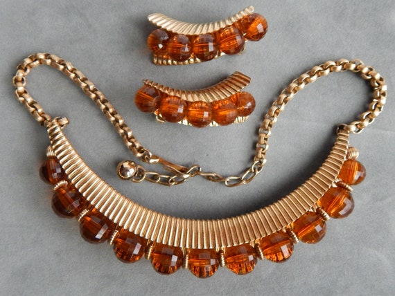 NAPIER Honey Brown Bead Necklace Earrings Demi - … - image 1