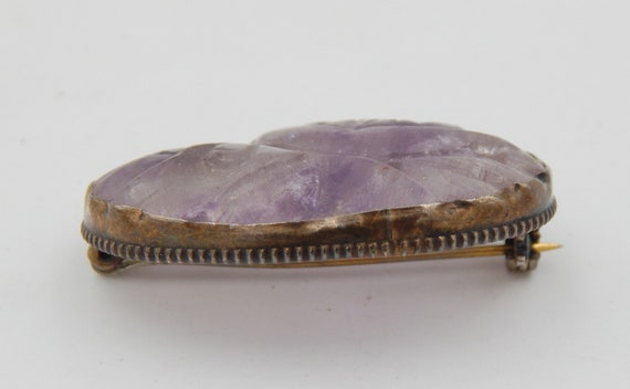 CARVED Amethyst Art Deco Sterling Pin Brooch - image 6