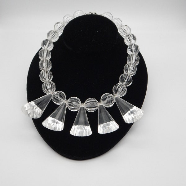 CLEAR LUCITE Bib Collar Necklace - Sculptural Drops Mid Century Modern Flair