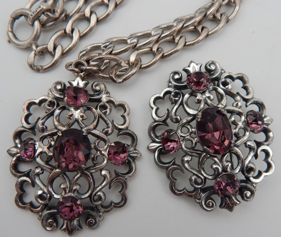 NAPIER Purple Silver Filigree Pendant Necklace & … - image 4