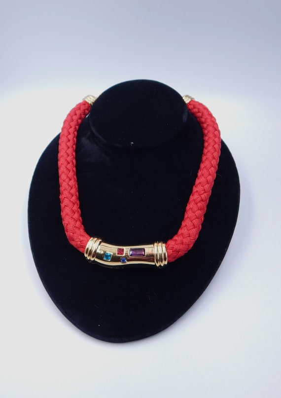 MONET Red Woven Cord Rhinestone Necklace - 1980 Ge