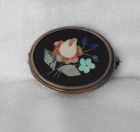 Victorian Pietra Dura Brooch: 800 Silver Mourning Pin