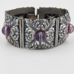 NAPIER Silver Repousse Purple Bead Wide Bracelet - 1950 Piece
