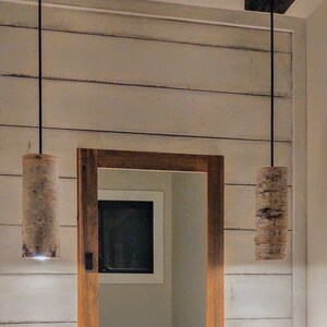 May include: Two rustic pendant lights with birch bark shades hang above a wooden-framed mirror. The lights have square, dark wood ceiling mounts and black cords. The mirror is rectangular with a dark wood frame, mounted on a white paneled wall.