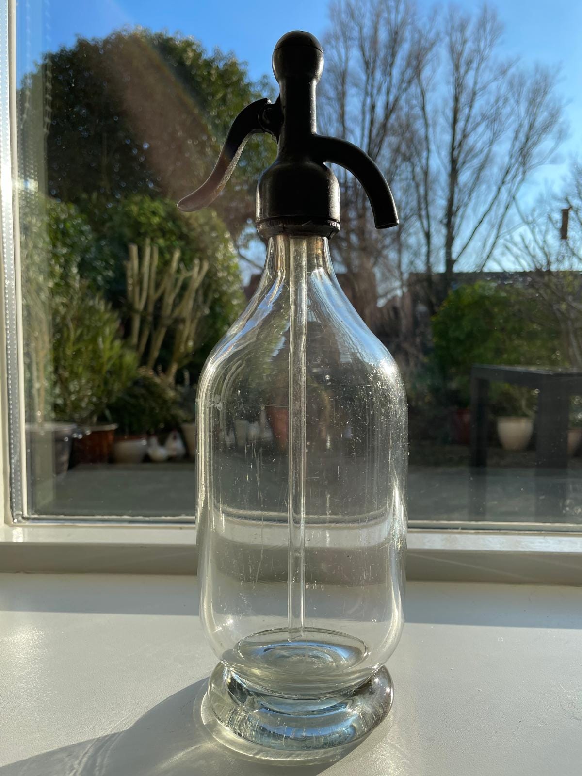 Antique French Tranparant Seltzer Bottle - Rare Shape and Pewter