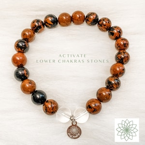 Mahogany Obsidian Stones and Quartz Crystal Stones, Gemstone Bracelet, Activate the Lower Chakras.