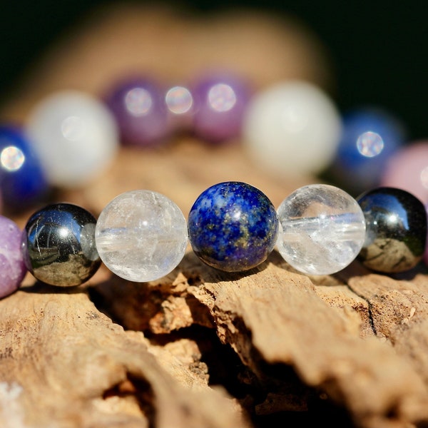 Lapis Lazuli Stone, Selenite Stone, Hematite stone, Amethyst Stone, Lepidolite Stone, Rose Quartz Stone, Quartz Crystals, Gemstone Bracelet.