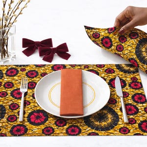 Red Floral African Print Placemats: Cotton Padded Table Linens (Set of 2)