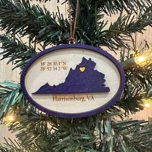 Elk college/universiteit lasergegraveerd ornament, ramsornament, collegecadeau, coördinaat gepersonaliseerd collegeornament, Harrisonburg VA
