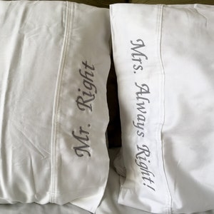 Gestickte romantische Kissenbezug Set, Mr. Right und Frau immer richtig!