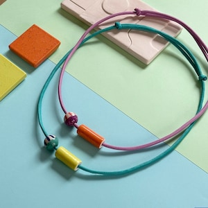 Vibrant-colored Ceramic Statement Necklace with Adjustable Thick Cord for Women & Men, Handmade Ceramic Bead Pendants, Ceramic Jewelry