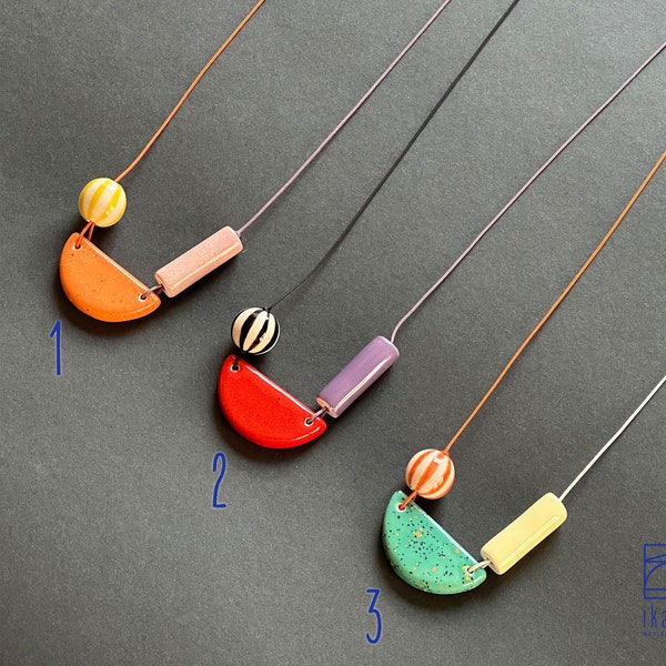 Asymmetrical colorful ceramic statement necklace, artisan-made unique pendants, color options available for men & women