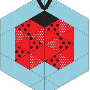 May include: A red and black geometric pattern with white polka dots. The pattern is in the shape of a hexagon and is made up of triangles. The pattern is on a light blue background.