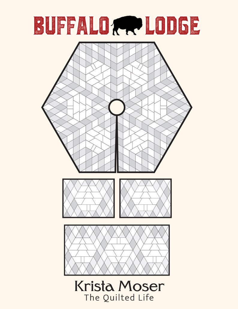 Puede incluir: Un patr&oacute;n de colcha en blanco y negro con una forma hexagonal en el centro y dos cuadrados m&aacute;s peque&ntilde;os debajo. El patr&oacute;n de colcha se titula "Buffalo Lodge" y est&aacute; dise&ntilde;ado por Krista Moser, The Quilted Life.