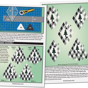Puede incluir: Una gu&iacute;a paso a paso para hacer un bloque de colcha con un dise&ntilde;o de &aacute;rbol de Navidad estilizado. El bloque de colcha est&aacute; hecho de cuadrados negros y blancos y utiliza una plantilla en forma de diamante para cortar la tela. Las instrucciones incluyen diagramas y medidas para cada paso.