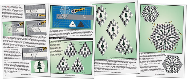 Puede incluir: Una gu&iacute;a paso a paso para hacer un bloque de colcha con un dise&ntilde;o de &aacute;rbol de Navidad estilizado. El bloque de colcha est&aacute; hecho de cuadrados negros y blancos y utiliza una plantilla en forma de diamante para cortar la tela. Las instrucciones incluyen diagramas y medidas para cada paso.