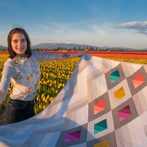 Puede incluir: Una persona sosteniendo una colcha grande con un patr&oacute;n geom&eacute;trico de diamantes grises, blancos y coloridos. La colcha est&aacute; en un campo de tulipanes amarillos.