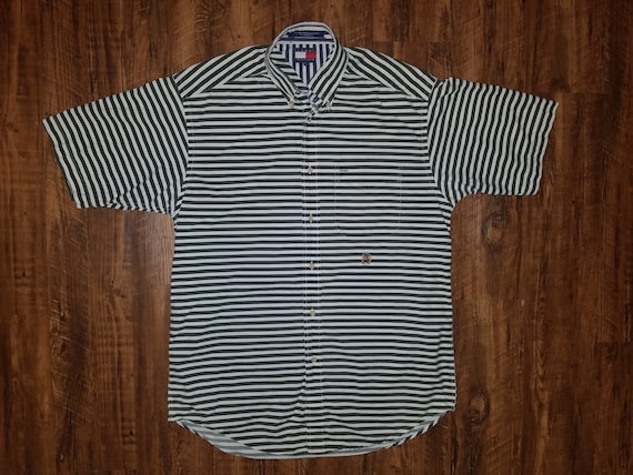 90s Tommy Hilfiger White & Hunter Green Striped Sh
