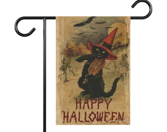 Vintage Happy Halloween Samhain Black Cat Spooky Garden Yard Flag