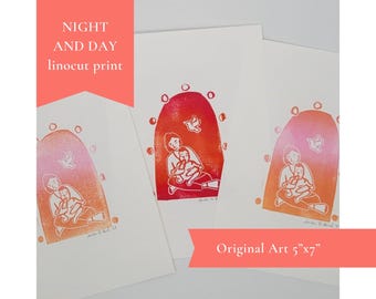Night and Day Linocut Print Mother Feeding Baby at Night