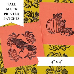 Block Printed Fall Theme Patches, Crow, Pumpkin, 100% Cotton Orange and Yellow 4”x4” Squares