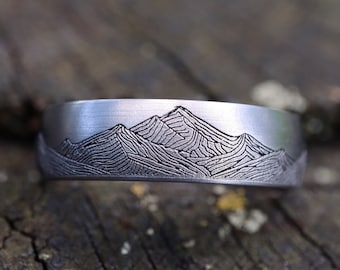The Explorer - 6mm Titanium Mountain Ring, Domed Band, Satin Finish, Silver, Mens Wedding Band, Comfort Fit Ring